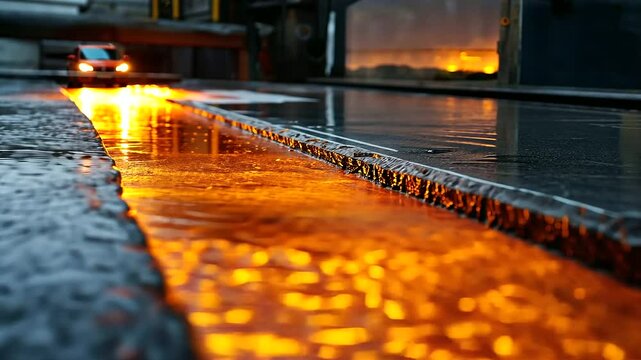 The intense glow of molten steel streams down a chute, casting a fiery reflection on the surrounding steel surfaces, with the clanging of machinery echoing throughout the mill.
