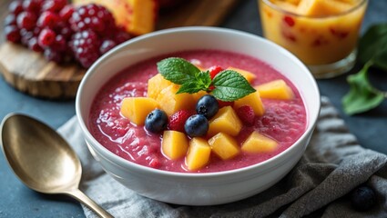 Fruit soup in a white bowl garnished with mint, surrounded by fresh berries, with a rustic setting and space for text overlay.