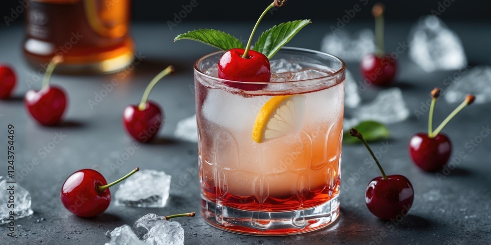 Poster refreshing cocktail with cherry and lemon garnish surrounded by fresh cherries and ice cubes on dark