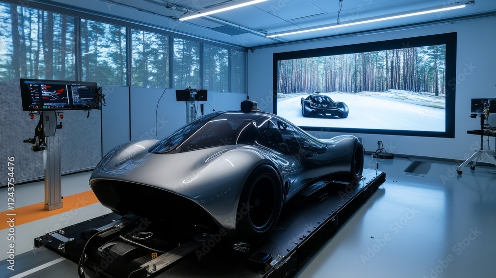 Aufkleber a concept vehicle digital twin undergoing real-time stress testing in a futuristic simulation lab