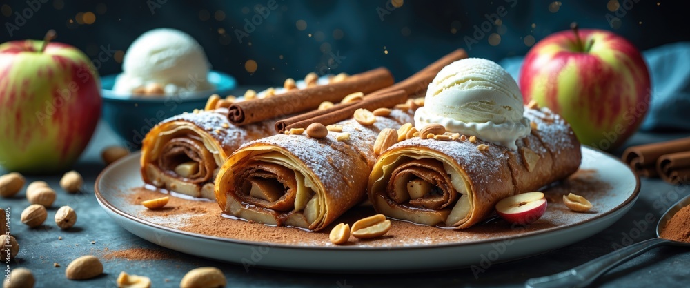Poster delicious apple strudel with cinnamon, peanuts, and ice cream on a plate with empty space for text i
