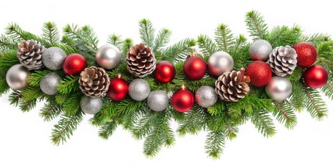 Christmas Garland Red and Silver Ornaments, Pine Cones, Fir Branches