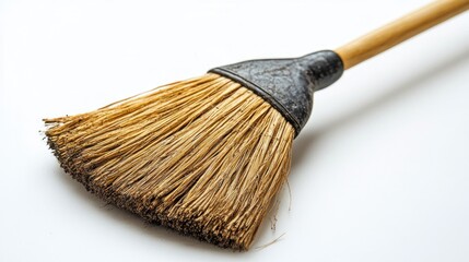 Fototapeta premium Used straw broom on white background for cleaning