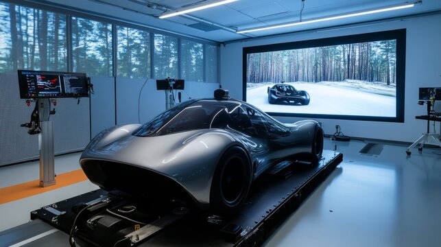 A concept vehicle digital twin undergoing real-time stress testing in a futuristic simulation lab