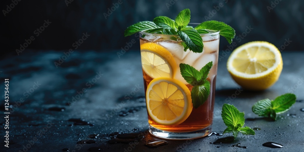 Poster refreshing iced tea with lemon slices and mint on a textured dark surface, perfect for food and drin