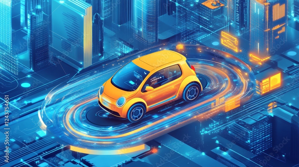 Poster a digital representation of a smart car navigating through a virtual city, analyzing road conditions