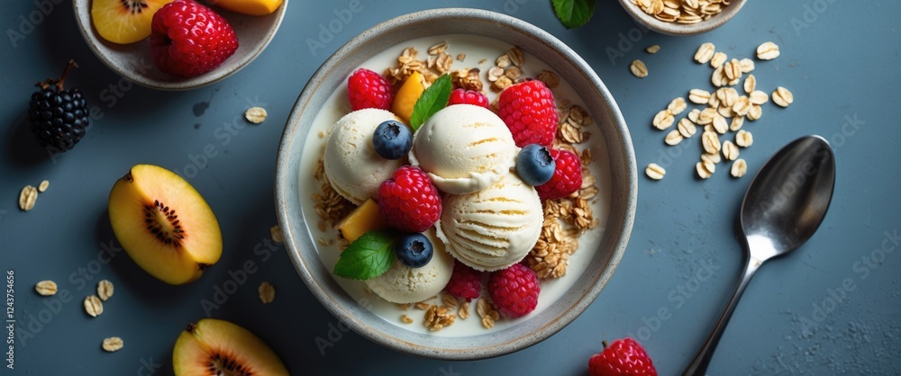 Poster bowl of creamy ice cream topped with fresh fruits and oats displayed on a textured surface with empt