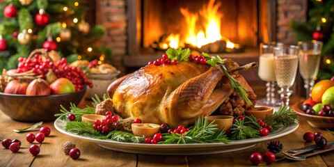 Christmas Roast Turkey Festive Fireplace and Garnishes