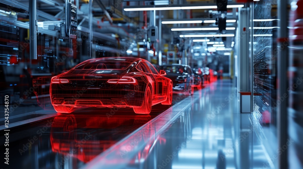 Poster a factory floor where engineers monitor a car's digital twin side by side with its physical counterp