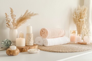 Conjunto de itens de spa com toalhas, velas e elementos decorativos em tons neutros, capturados com luz natural suave, criado com IA generativa.