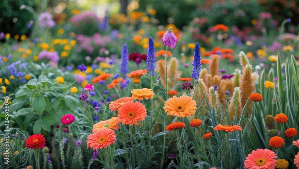 Wall mural A vibrant close-up of a colorful flower garden showcasing diverse blooms in full bloom under natural sunlight.