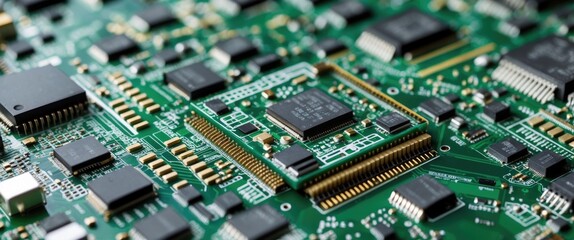 Close-up of a complex computer circuit board featuring numerous small electronic components and intricate connections on a green substrate.