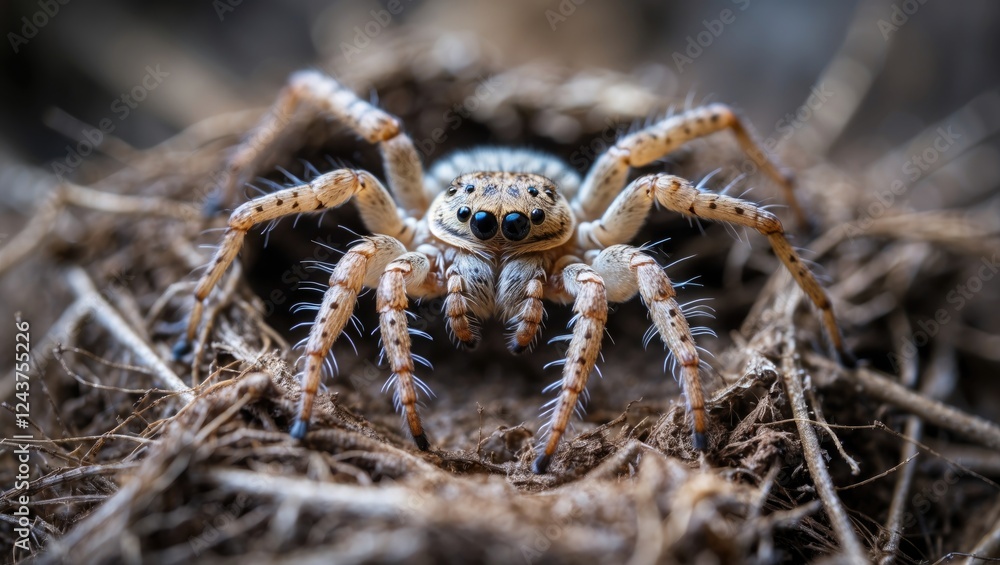Poster close-up of a spider displaying an x pattern on its intricate nest showcasing natural textures and d