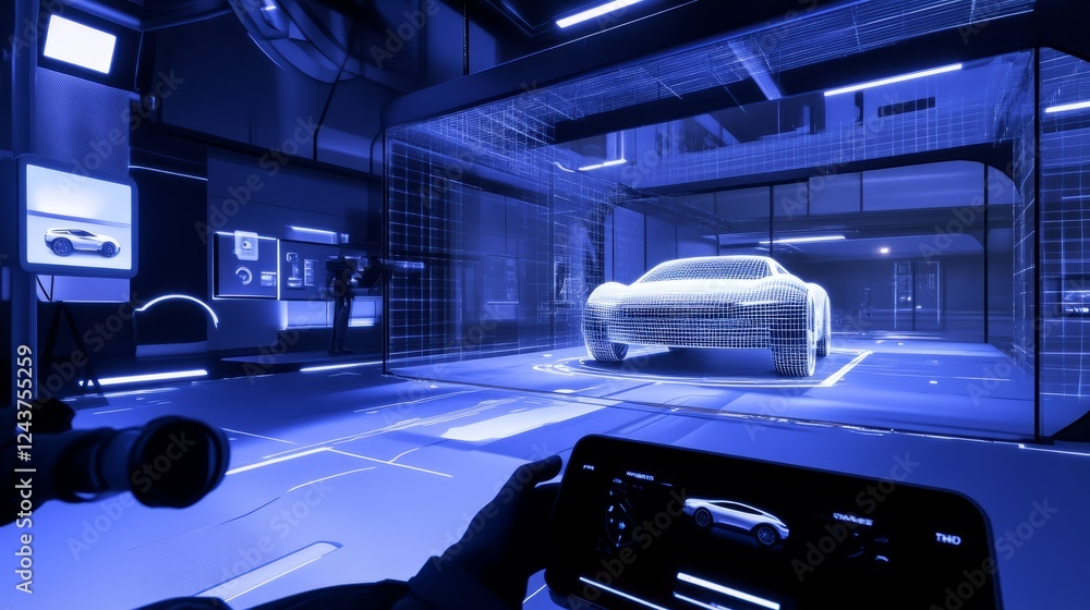 Poster a futuristic vr environment where engineers manipulate a car digital twin to test new design concept