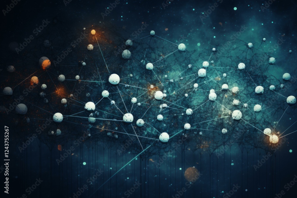Poster interconnected white spheres symbolize global communication in vast dark space, highlighting the con