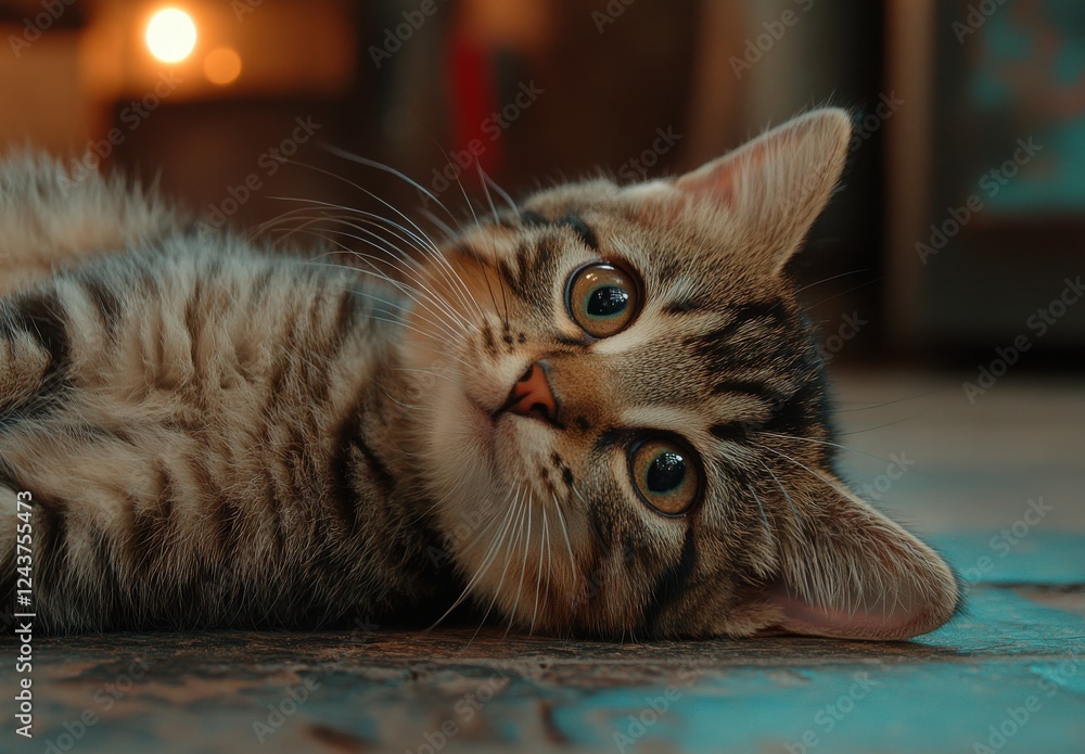 Poster adorable striped kitten lying on the floor with big expressive eyes and soft fur, creating a charmin