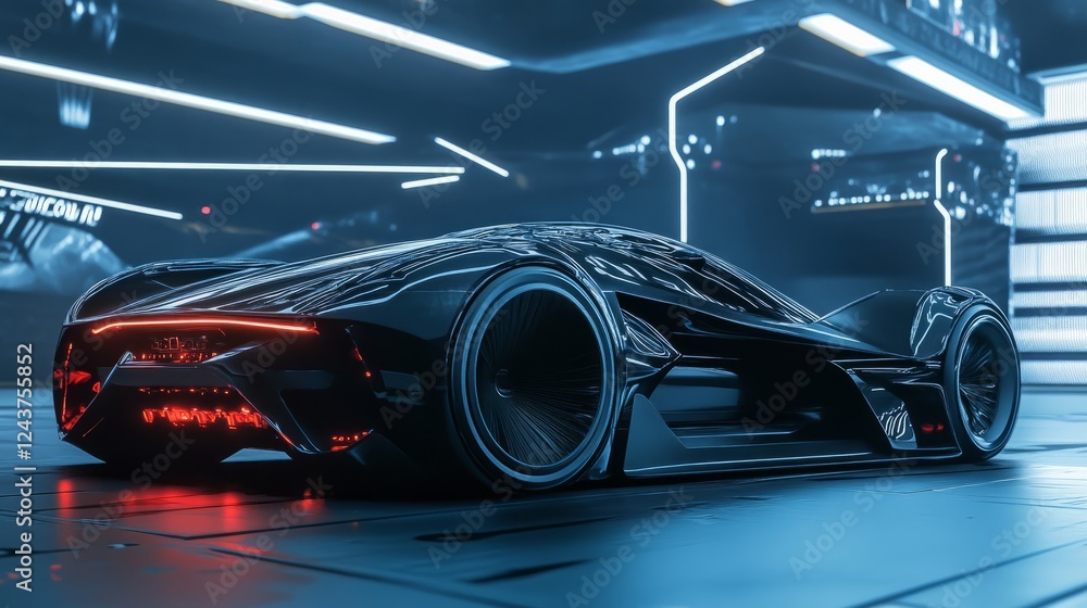 Poster a high-tech digital twin of a futuristic car undergoing real-time performance analysis in a virtual 