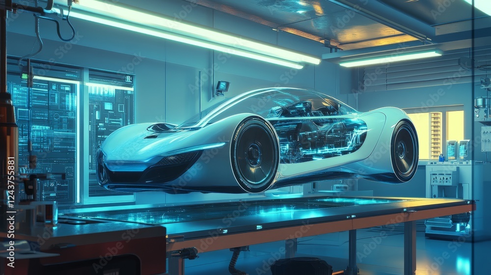 Poster a holographic digital twin of a concept car floating in a high-tech lab, showcasing real-time diagno