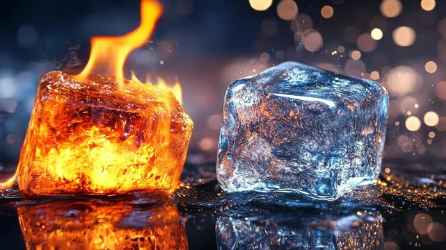 Fiery contrast: ice melting in flames with bokeh sparkle reflections
