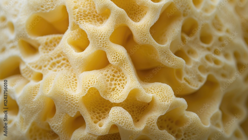 Poster close-up view of intricate texture patterns in a natural yellow sponge showcasing its porous structu