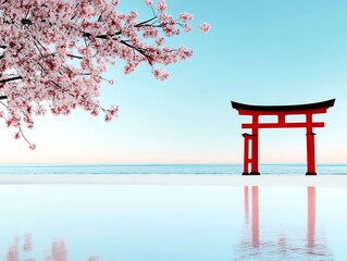 Japanese beach, torii gate, cherry blossoms floating, 3D illustration