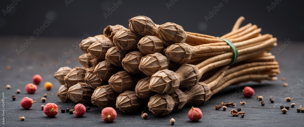 Poster kluwak indonesian spice bundle with scientific name pangium edule surrounded by various spices on a 