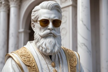 White Marble Statue of a Bearded Man in Sunglasses, Adorned with Golden Elements
