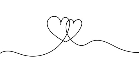 Two hearts in a simple one-line style and love signs. Love background in continuous linear drawing. linear minimal vector illustration on white background. Valentine's day banner, wedding card