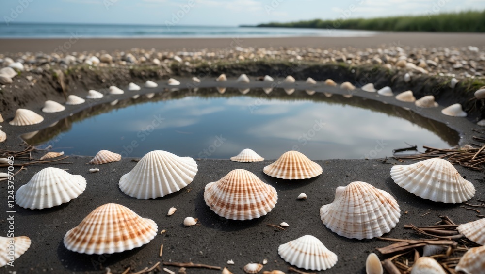 Poster serene beach scene featuring empty pond reflecting sky surrounded by seashells with ample space for 