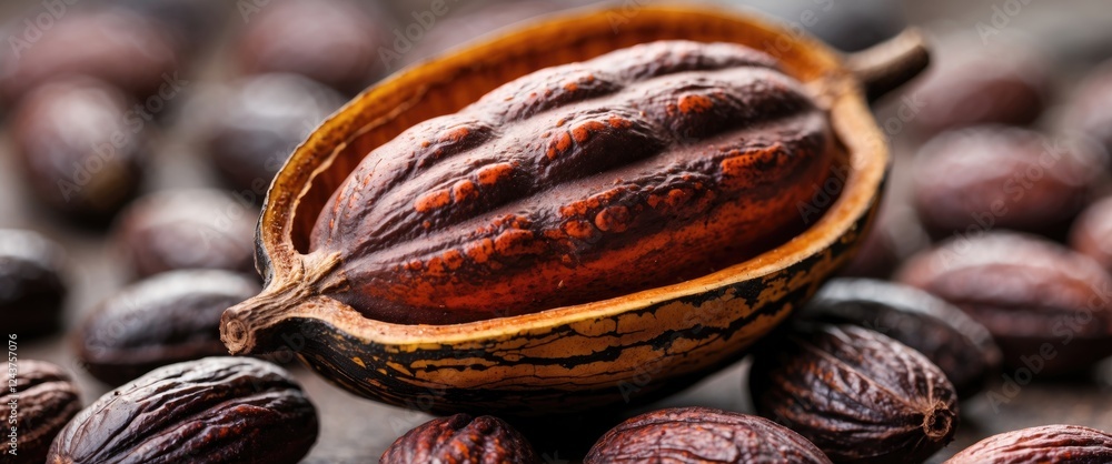 Poster cocoa bean close-up with fresh fruits showcasing rich textures and colors on a rustic surface ideal 
