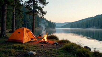 A cozy campsite on the shore of a serene lake surrounded by tall pine trees, a yellow tent set up by a crackling campfire, a wide-angle shot.
