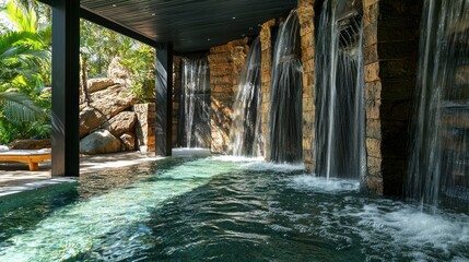 A luxurious spa offering hydrotherapy treatments, with flowing waterfalls and tranquil ambiance