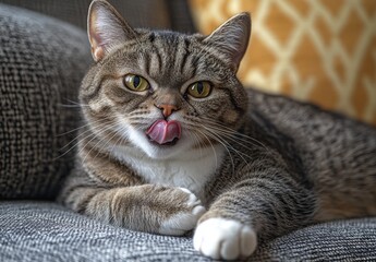 Obraz premium Adorable tabby cat resting on a couch with a playful expression and tongue out, showcasing its lively personality and unique fur pattern