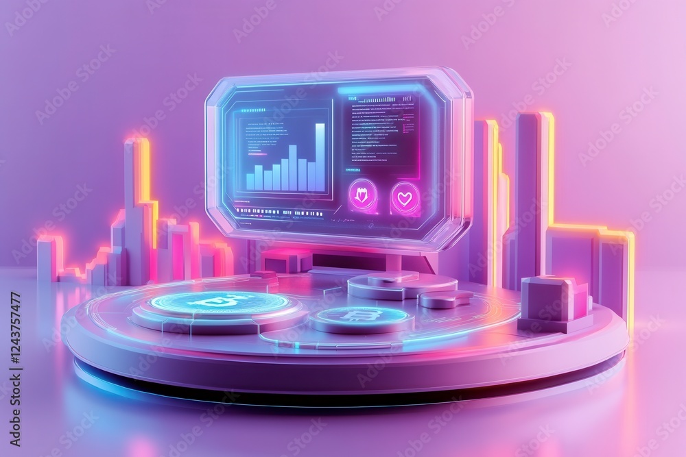 Poster a futuristic digital workspace featuring a glowing monitor with data visualizations and vibrant neon
