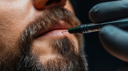 Close-up a man lips, undergoing lip augmentation procedure. Cosmetologist content