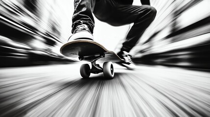 Skateboarder midaction on an urban sidewalk, motion blur capturing energy, dynamic street culture, youth lifestyle photography