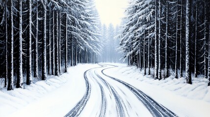 Snowcovered road through a dense pine forest, soft winter light filtering through trees, peaceful and magical holiday season vibe