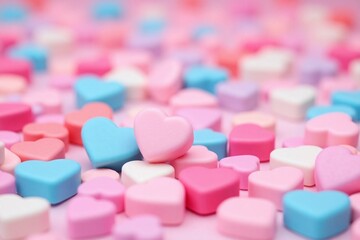 small heart shaped candies pink blue white scattered frame