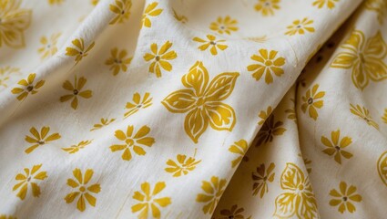 Yellow floral block print design on soft Jaipuri cotton fabric showcasing intricate repeating patterns in a bright, cheerful hue.