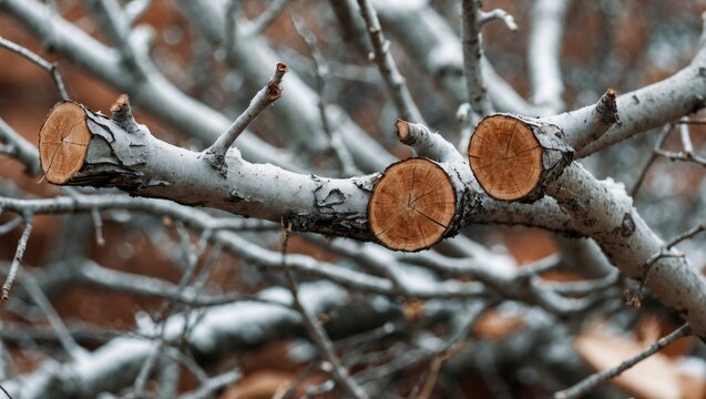 Close-up of freshly cut tree branches showcasing natural wood texture and winter scenery elements.