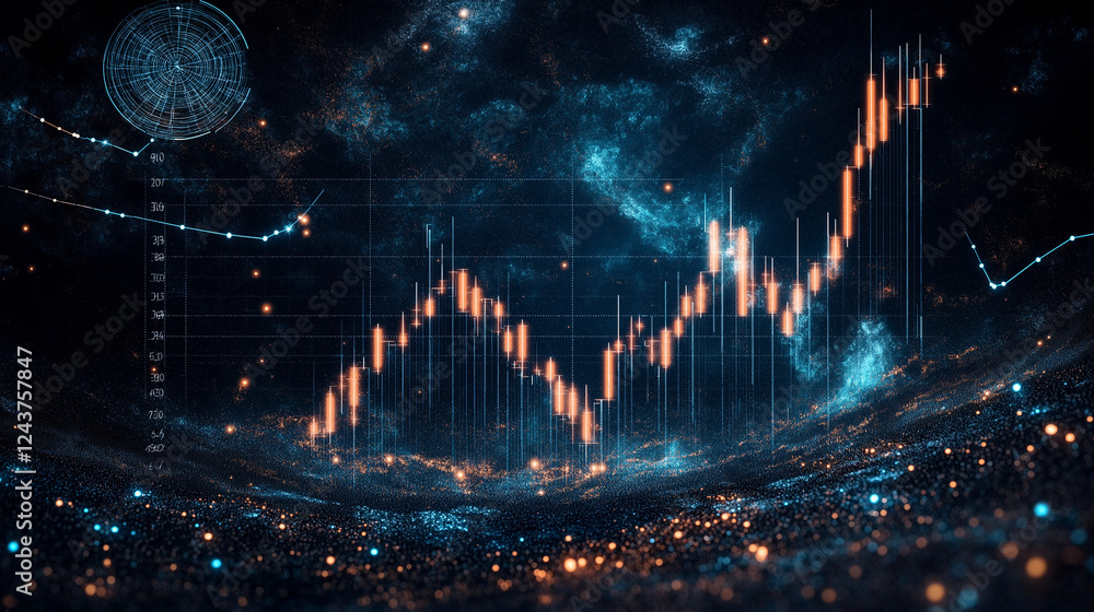 Poster cosmic growth: an abstract visualization of market growth, with a dynamic candlestick chart rising a