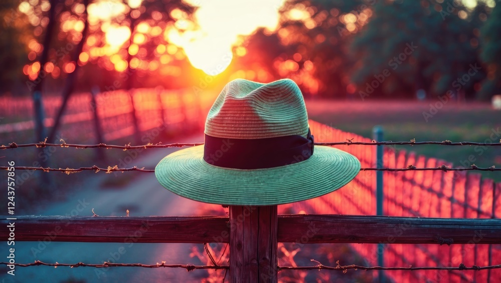 Aufkleber hat resting on rustic fence at sunset with warm tones creating a tranquil and nostalgic atmosphere