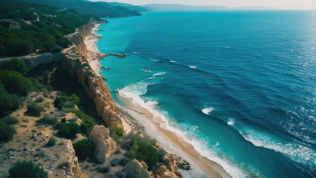 Aerial view of vibrant blue sea waters meeting rocky coastline with lush greenery in the foreground under a clear sky.