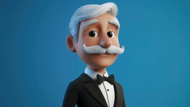 a man with white hair, and a mustache wearing a tuxedo against an blue background	