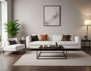 White couch and dark coffee table in contemporary home setting, setting, contemporary, elegant, decoration, room