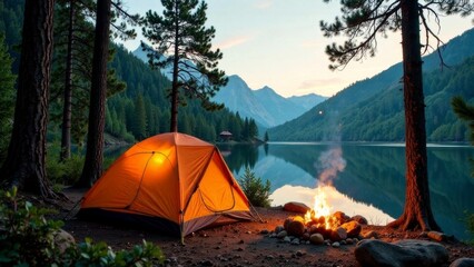 A cozy campsite on the shore of a serene lake surrounded by tall pine trees, a yellow tent set up by a crackling campfire, a wide-angle shot.