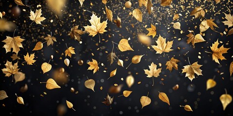 Golden Autumn Leaves Falling, Glittering, Abstract Composition