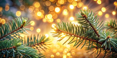Golden Bokeh and Pine Branch A Festive Close-Up