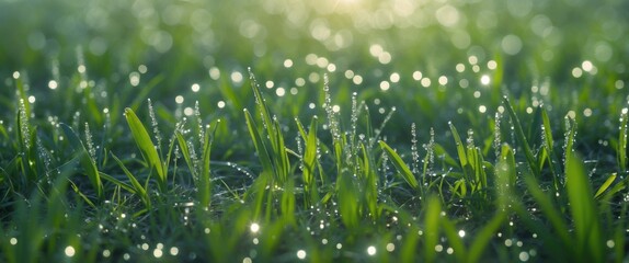 Vibrant Spring Grass with Dewdrops Glimmering in Morning Light Creating a Serene Nature Background for Freshness and Renewal Themes