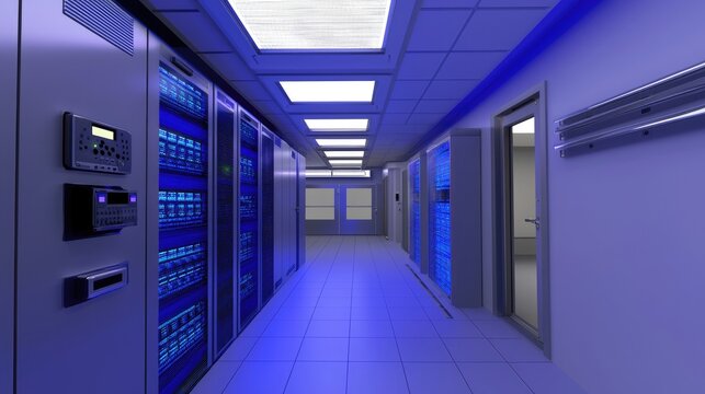Secure server room corridor with glowing blue racks and advanced control systems, perfect for showcasing modern network infrastructure and data management technologies